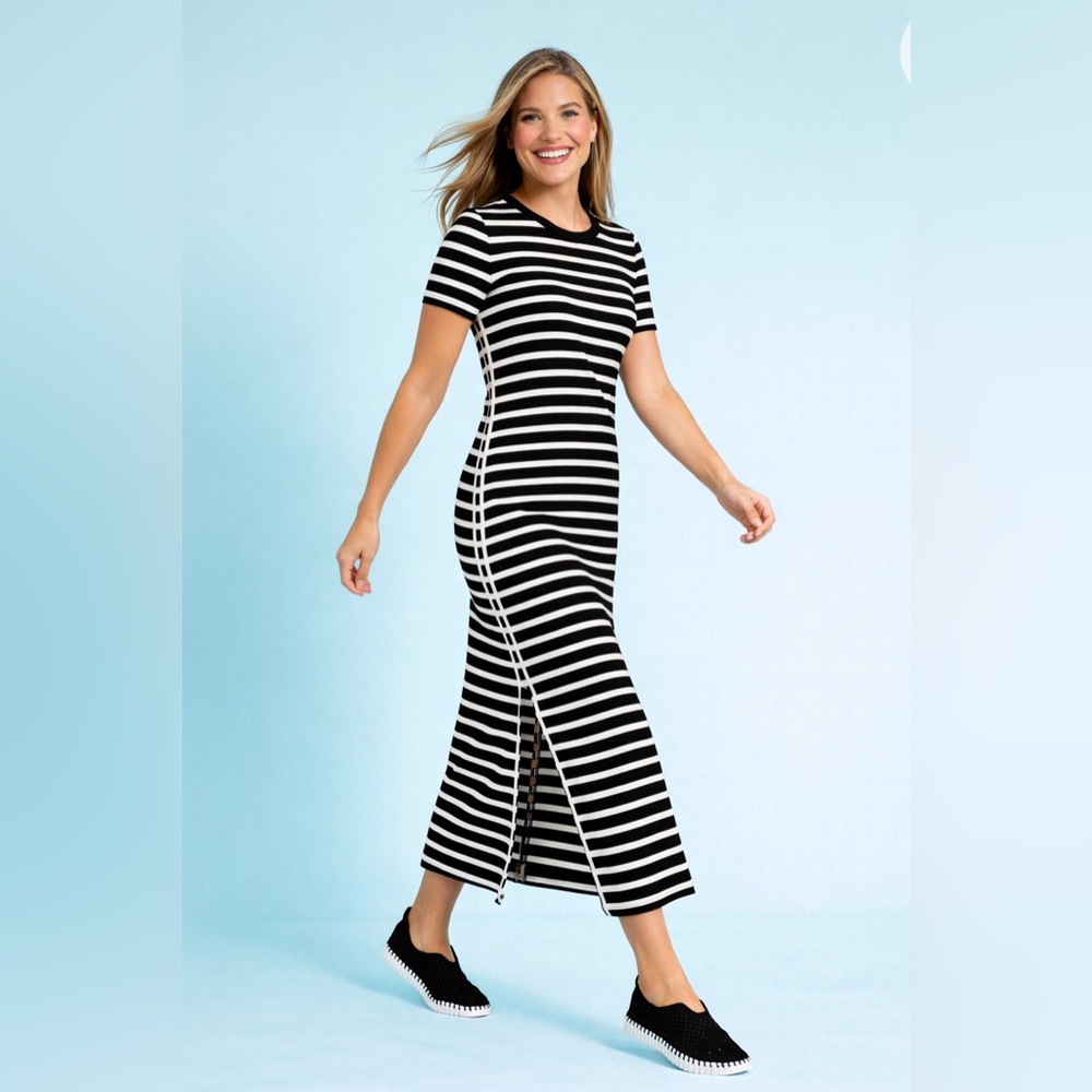 Talbots Black and White Striped Short-Sleeve Maxi Dress